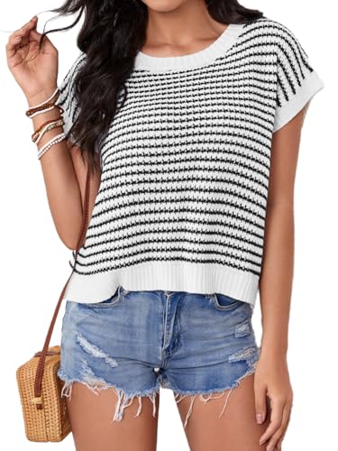 Image of Milumia Women's Striped Short Sleeve Sweater Vest 2025 Summer Cap Sleeve Pullover Tank Top