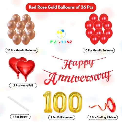 Image of Flyloons 100th Happy Anniversary Decoration Items Red Rose Gold for Men Women Husband Wife Mom Dad Parent Couple Home Bedroom Car With 20 Pcs Metallic Balloons Anniversary Banner 2 Pcs Heart Set Kit