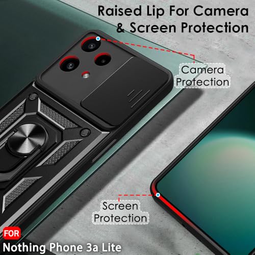 Image of TheGiftKart Tough Armor Bumper Back Cover Case for Nothing Phone 3a Lite 5G | Sliding Camera Cover, Kickstand & Ring Holder | 360 Protection Back Cover for Nothing Phone 3a Lite 5G (PC & TPU, Black)