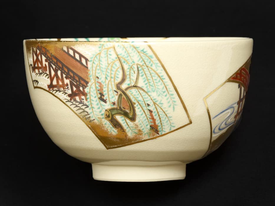 真葛窯 宮川香斎（造）金彩色絵「橋つくし」図 茶碗 扇面 共箱 共布