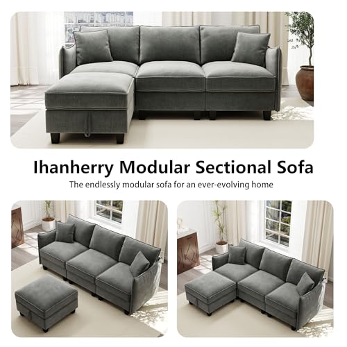 Image of Ihanherry 85.8 inch Modular L-Shaped Sectional Sofa, Modern 4-Seat Cloud Couch with Storage Ottoman, Comfy Chenille Convertible Furniture Set for Living Room, Apartment, Easy Assembly, Dark Grey
