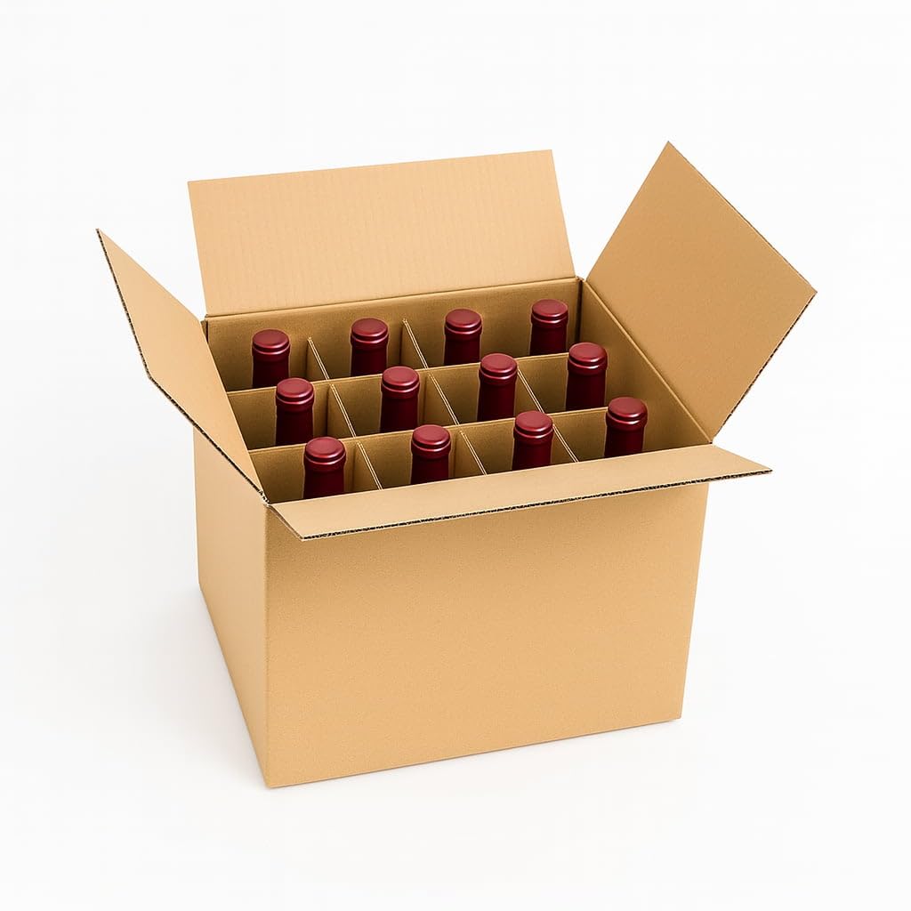 TELECAJAS | Pack de 10 Cajas para 12 Botellas de Vino con Separadores de Cartón Tipo Rejilla | Embalaje Seguro y Resistente para Envíos o Almacenaje
