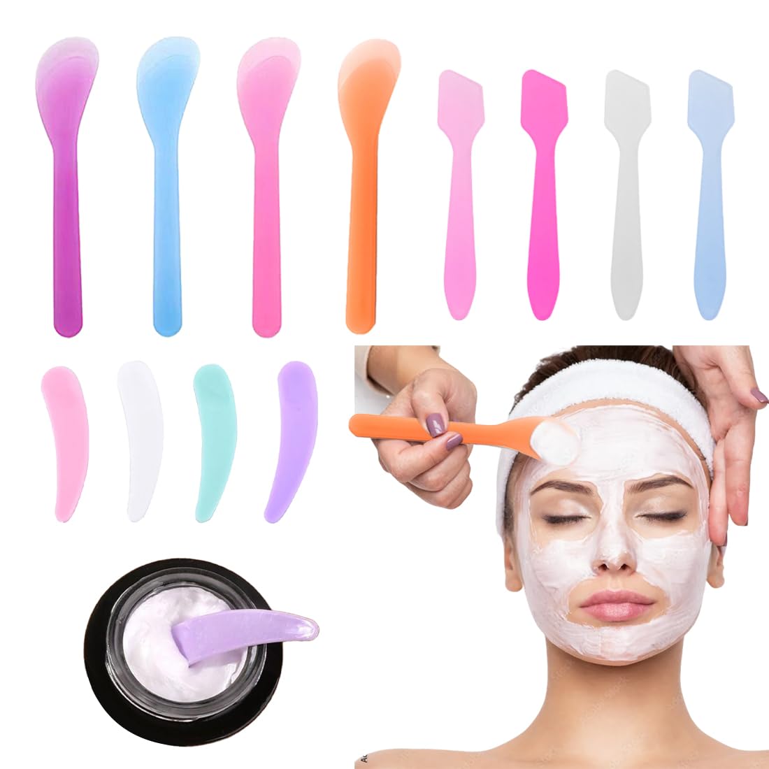 Set e kit da trucco, 12 pezzi di spatola per il trucco in plastica, spatola per crema mini cucchiaio per maschera cosmetica raschietto per lavaggio (colori casuali)