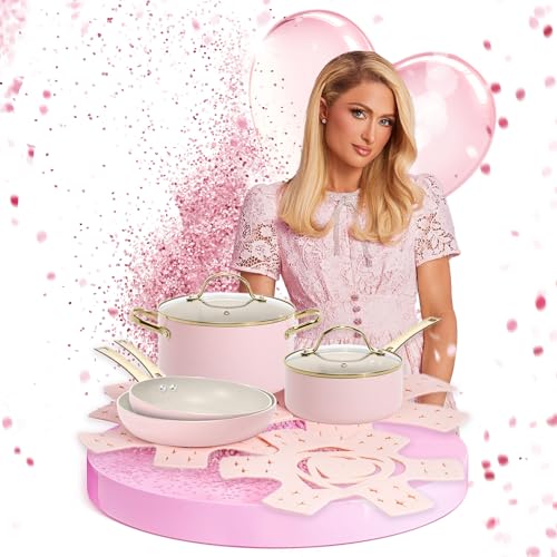 Paris Hilton – Kochgeschirr-Set 10-teilig – Aluminium & Keramik Antihaft-Beschichtung, Induktionsgeeignet, Spülmaschinenfest, in Pink/Creme/Gold
