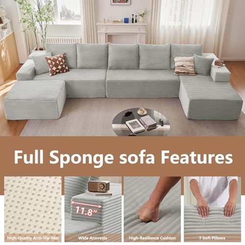 Image of Oversized Modular Sectional Sofa Couch, Large 6 Seater Corner Sofa Modern U Shaped Sectional Couch Cloud Couches for Living Room, Office, Spacious Space, Corduroy,No Assembly Required, Light Grey