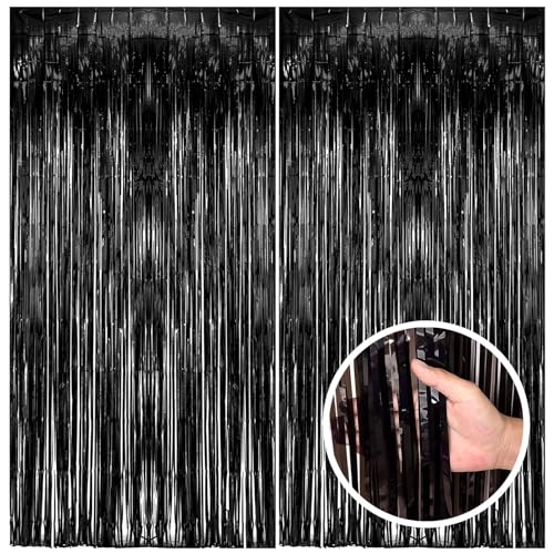 Image of 2 Pack Black Party Streamers Backdrop Tinsel Foil Fringe Curtains Halloween Party Decorations Birthday Wednesday Twilight Party Decorations Graduation Wizard Party Supplies