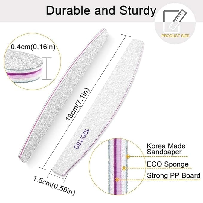 EXPESIA Professional Double-Sided Nail File, 100/180 Grit, 18 cm Length, Durable Sandpaper with PP Board Core, for Artificial and Natural Nails 4