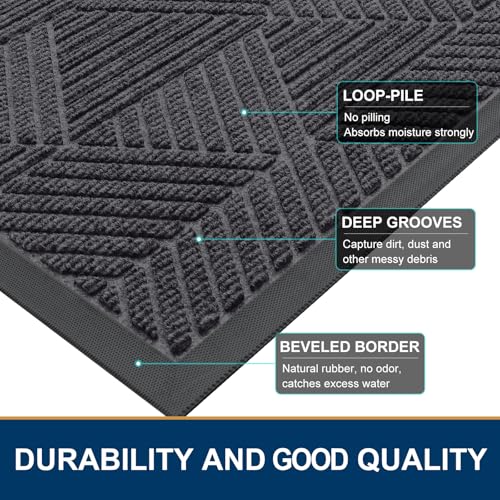 Image of Smiry Front Door Mat Outside Entrance, Heavy Duty Sturdy Natural Rubber Doormat, Trap Dirt and Moisture, Easy Clean Low Profile Welcome Floor Mats for Indoor Outdoor Entry, 47x23 Inch, Medium Grey