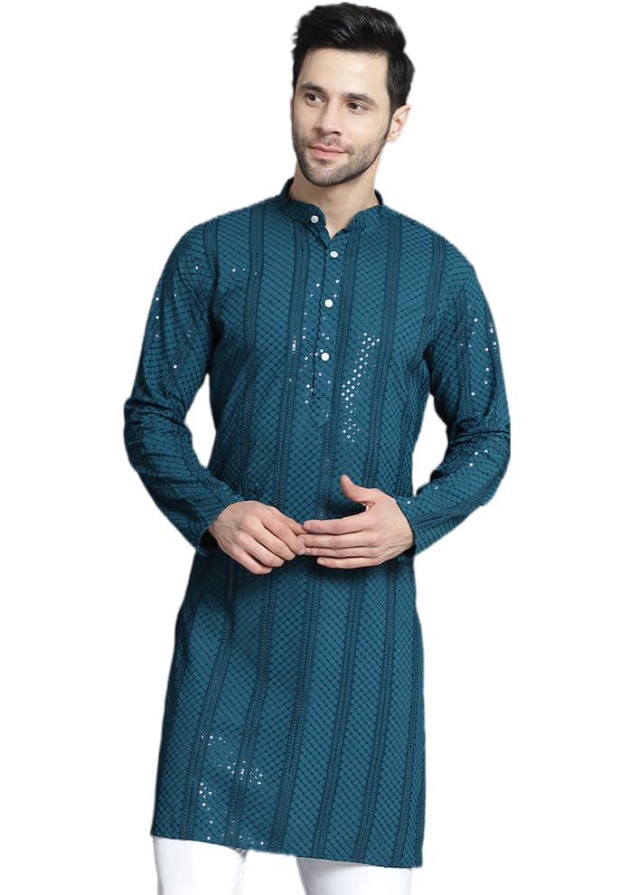 Jompers Men's Sequins Chikankari Embroidered Kurtas (Peacock, S)