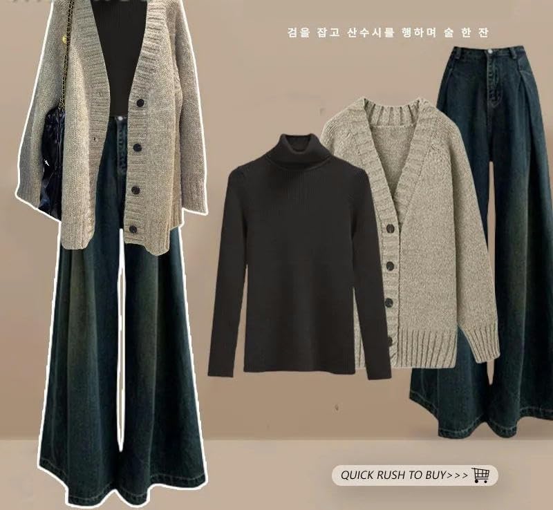 Inverno Delle Donne Coreano Coreano Elegante Maglia Cardigan Cappotto+Collo Alto Maglione+Jeans Tre Pezzi Femminile Suit