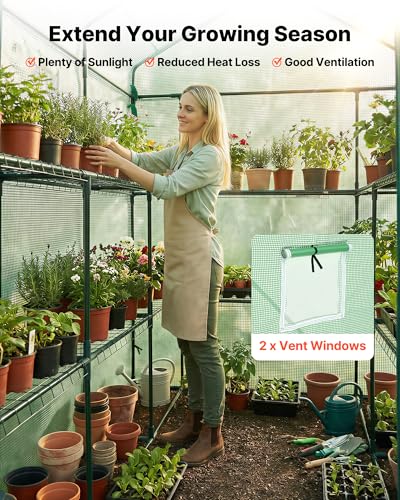 Image of VEVOR Walk-in Greenhouse, 54 inch x 81.1 inch x 77.2 inch Greenhouse for Outdoors with Windows, PE Cover, 2 Tiers 14 Shelves, Roll-Up Zipper Door, Walk in Green House, Portable Plant Garden Hot House for Backyard