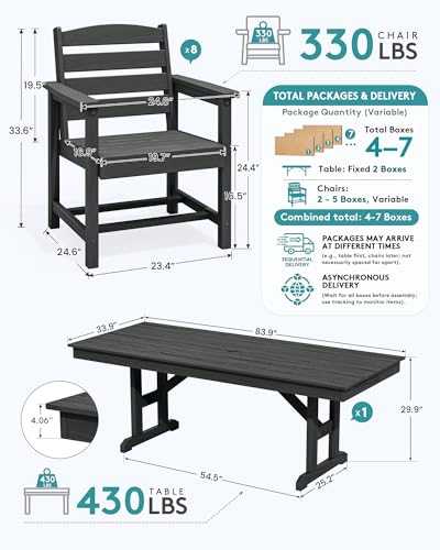 Image of SERWALL 9 Piece 84 inch HDPE Outdoor Dining Set for 8 with Armchairs and Umbrella Hole, Black