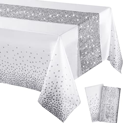 Image of Irenare 2 Pcs White and Silver Tablecloth and Sequin Table Runner Set Polka Dots Confetti Table Cover Dining Plastic Tablecloths Glitter Decorations for Birthday Wedding Anniversary Party Supplies