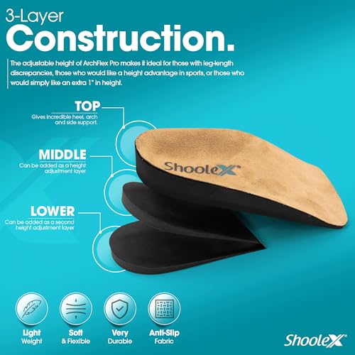 Image of Shoolex ArchFlex Pro 2-in-1 Arch Support & Height Increase Insoles - Adjustable Heel Lift Up to 1 inch, Plantar Fasciitis, Flat Feet, Achilles Tendonitis & Leg Length Discrepancy Relief, Men & Women