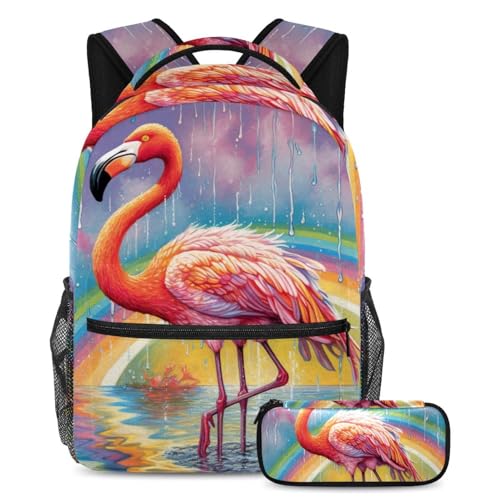 Cartable grande capacité motif flamant rose avec trousse scolaires ados