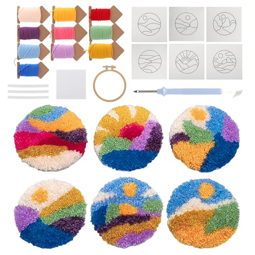 Kit de 6 posavasos de aguja de perforación, kit de bordado de aguja de perforación, kit de bordado para principiantes, adultos y niños, kit de manualidades fácil con herramientas, hilos, aros de
