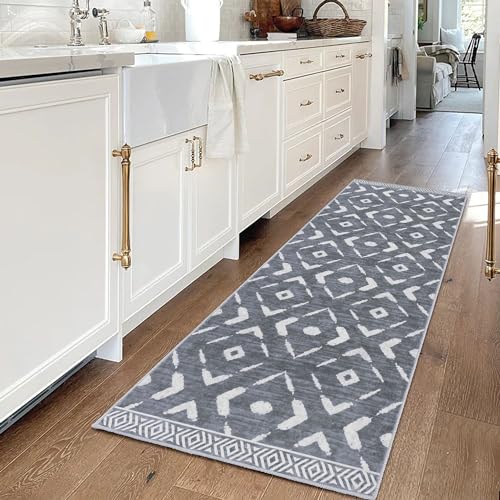 KILOCOCO Kitchen Runner Rug Washable Runner Rug Soft Hallway Runners Non Slip Printed Distressed Laundry Room Rugs, Low-Pile Runners for Entryway/Bedroom/Kitchen/Living Room, 2x5 Dark Grey