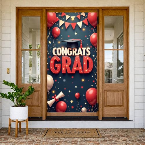 Graduation Door Banner Decorations Congrats Grad Door Cover Graduation Banner Backdrop Class of 2026 Party Decorations Supplies for Preschool High School College Grad 70.8 x 35.4 inches - Red - image 6