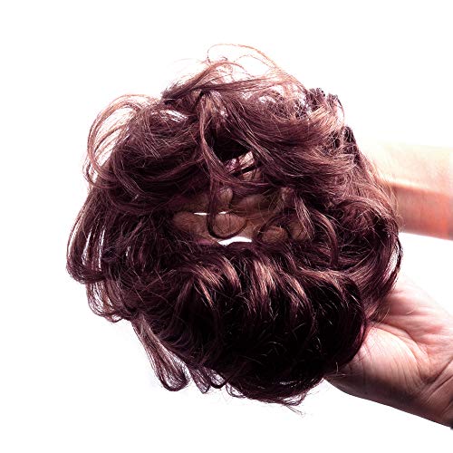 Bella Hair 100% Human Hair Scrunchies Messy Bun Hair Piece for Women Wavy Curly Up-Do Chignon Extension (#99J Red Wine/#118 Burgundy)