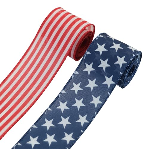 ShumKwin 2 Rolls 10 Yards 4th of July Wired Ribbon for Wreath Bows DIY Crafts Red White and Blue Patriotic Star and Striped USA Flag Ribbons for Independence Day Veterans Day Party Decorations 2.5