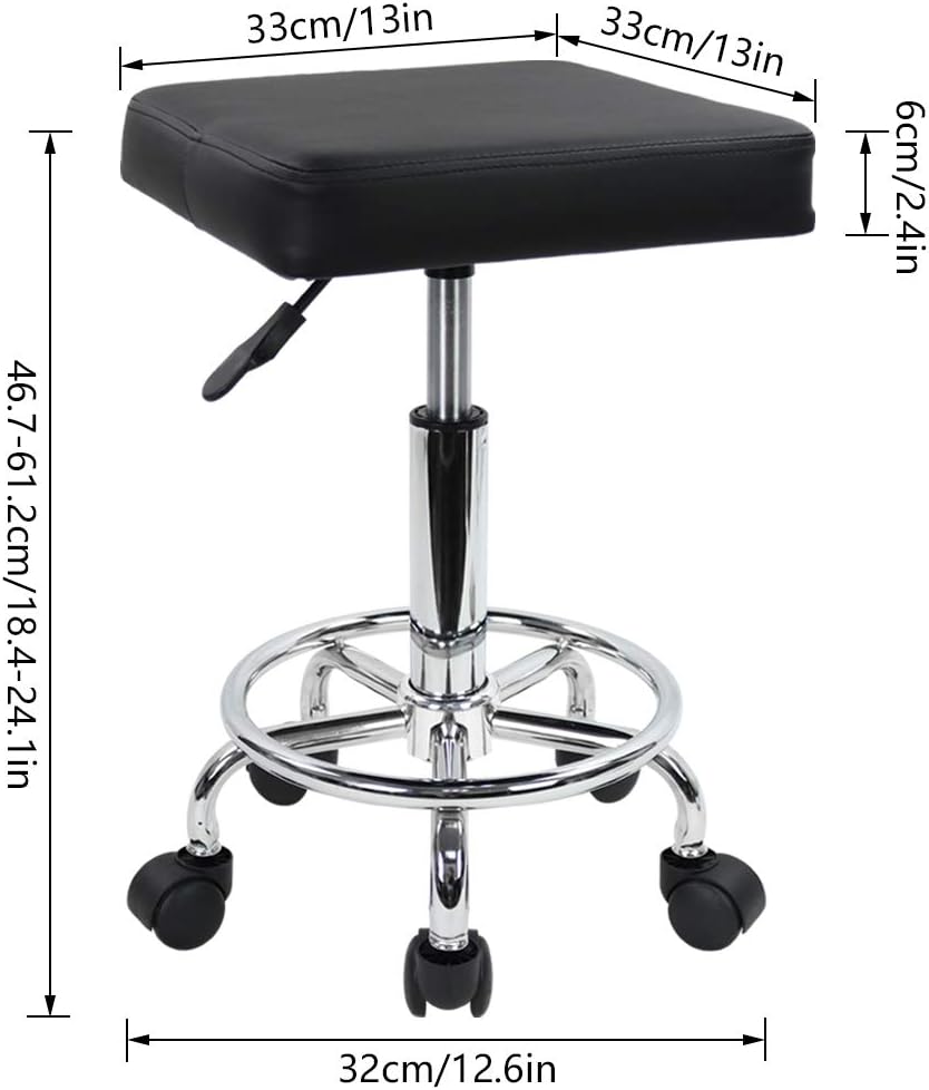 KKTONER Square Rolling Stool with Foot Rest PU Leather Height Adjustable Medical Spa Drafting Salon Tattoo Work Swivel Stools Task Chair Small (Black)