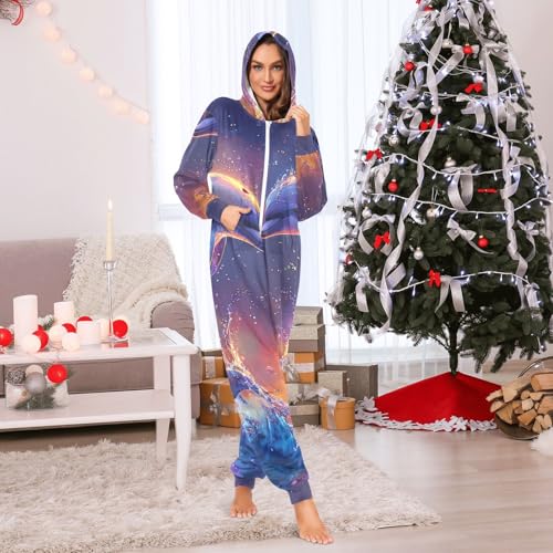 Mameluco con capucha pijama navideño de felpa invierno con estampado de delfines 6