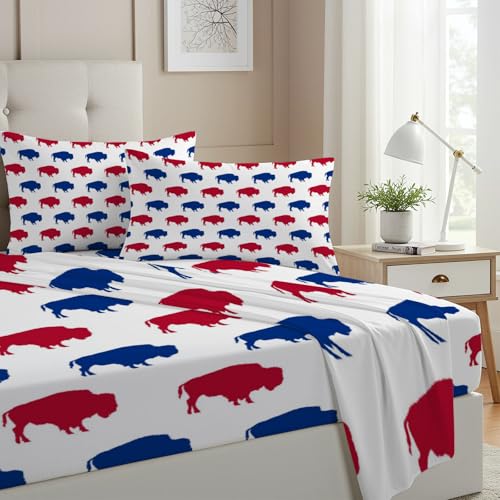 Allenjoy Full Size Red Blue Buffalo Fitted Sheet Animal Silhouette Pattern Bed Flat Sheets Bedding Set Deep Pockets Up to 16" Bedroom Decor with 2 Pillowcases