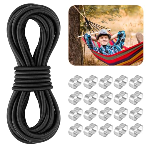 HGRGHH Gummiseil Expanderseil 8mm 10m Schwarz, Elasten Gummikordel mit 20 M9 Aluminium Crimpschlaufe, Gummischnur für Anhängerplane, DIY Basteln Nähen, Gepäck, Camping, Segeln Planenseil