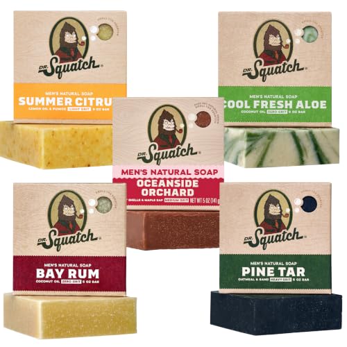 Image of Dr. Squatch Natural Men's Bar Soap - Cold Process Body Soap Bar with Natural Oils - Gifts for Men - Oceanside Orchard, Summer Citrus, Cool Fresh Aloe, Bay Rum & Pine Tar (5 oz, 5-Pack)