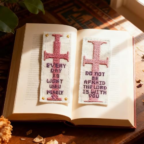 Image of INFUNLY 6pcs Cross and Word Cross Stitch Bookmark Kit for Beginners DIY Cross Embroidery Bookmark Kits Inspirational Words Needlepoint Kit with Instruction Easy Cross Stitch Set for Book Lovers Reader