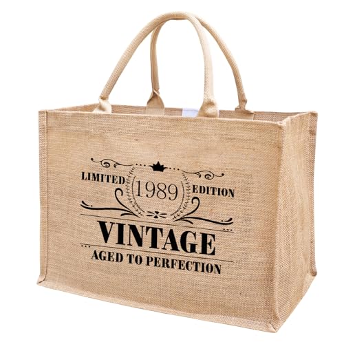 1989 Burlap Jute Tote Bags for Women, 37th Birthday Gifts, Vintage Reusable Grocery Water Resistant Beach Bags, Christmas Mother's Day Appreciation Decorations for Grandma, Mom, Mama, Teachers