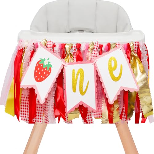 Image of Strawberry Highchair Banner - 1st Birthday Decoration, Sweet One Birthday Party Supplies for Girl Shower, Pink and Red Fairy Strawberry Photo Props