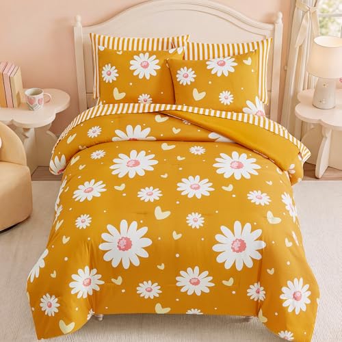 Image of Full Size Comforter Set for Girls Mustard Yellow Daisy 7 Pieces Bedding Set