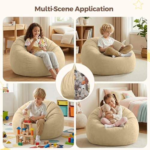 Image of Stuffed Animal Storage Bean Bag Chair Cover for Kids (No Filler), Soft Comfy Velvet Beanbag Chair Cover Machine Washable, Kids Bean Bag Chair with Handle for Living Room Bedroom Dorm, Camel