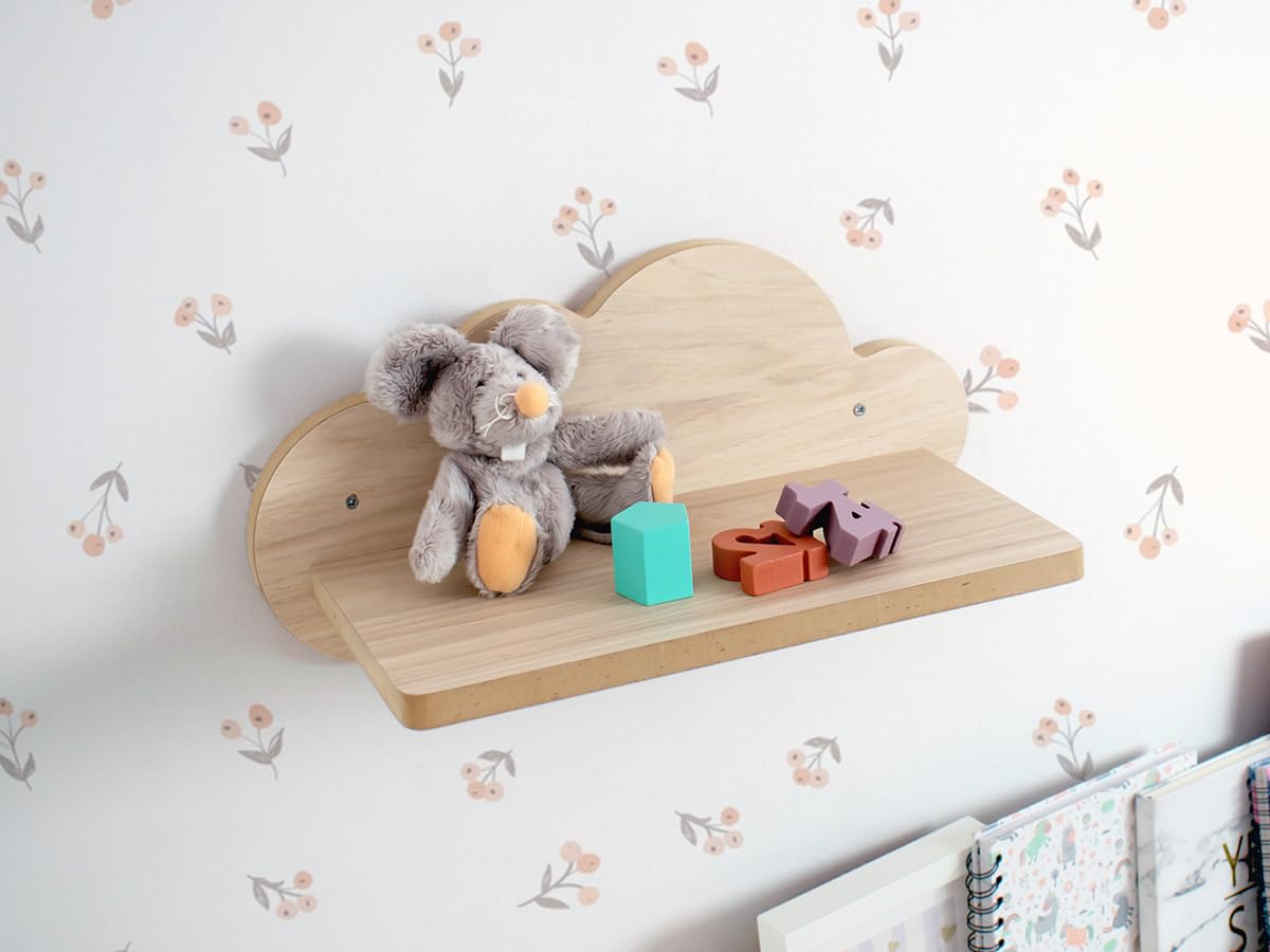 Bainba - Étagère Murale Nuage en Bois pour Chambre bébé et Enfant - 39 cm - Finition MDF Bouleau/Bois Naturel