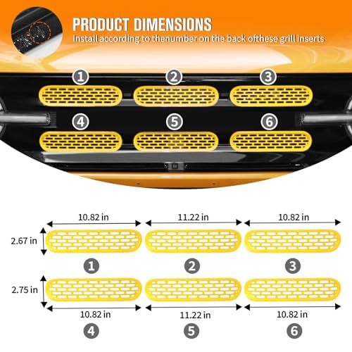 Image of Jimen Compatible with Ford Bronco 2021-2023, 6PCS Front Grille Inserts Mesh Grill Cover Exterior Trim Accessories (Yellow)