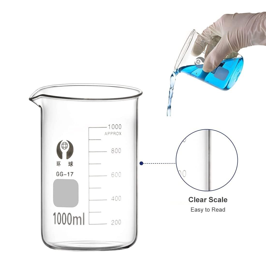 Zlewka laboratoryjna z dziobkiem, Zestaw zlewek ze szkła borokrzemianowego, 5 sztuk, 50-1000 ml, z pędzelkami(5ml)
