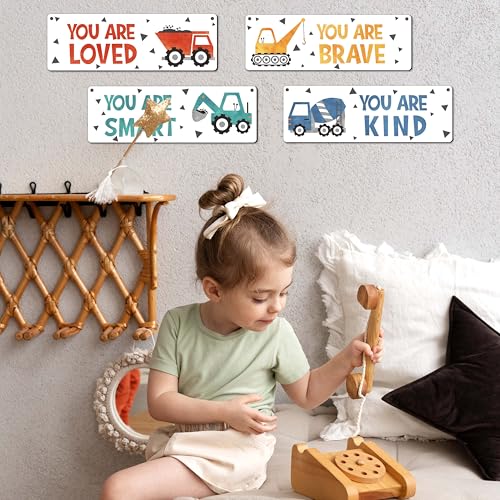 4 Pieces Construction Vehicles Decor Kids Room Wall Decor Wooden Sign - Motivational Wall Art For Kids Room Nursery Playroom Classroom(Sign-01)
