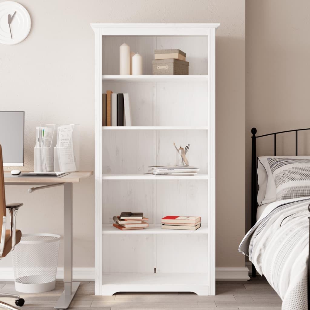Générique Biblioteka drewna z litego drewna sosna 5 poziomów 82x40x173 cm biała | Francuska konstrukcja, kompaktowa półka, przechowywanie książek i czasopism, uchwyt ścienny w zestawie