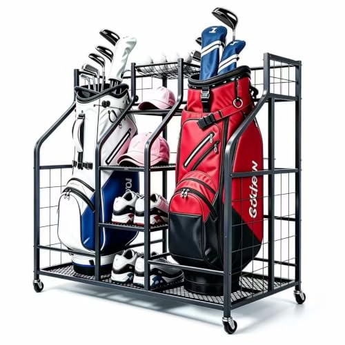 Golf Bag Storage Organizer Stand with Wheels- Heavy Duty Steel Rack Holds 2 Golf Bags with Central Storage Shelf for Golf Balls, Shoes & Accessories, Space Saving Garage Golf Club Equipment Holder