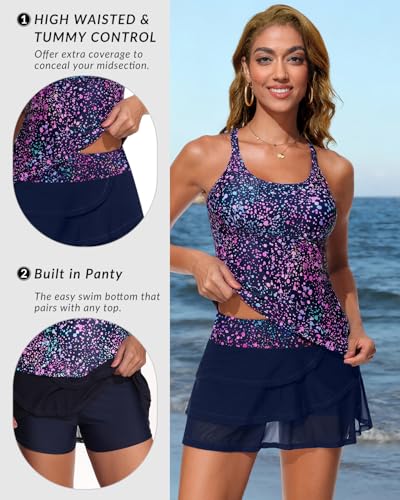 Image of Yonique Two Piece Tankini Swimsuits for Women with Shorts Tummy Control Bathing Suits Athletic Swimwear