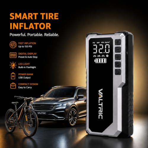 Image of Cordless Tyre Inflator Air for Car and Bike 5200mAh with Digital Display, Auto Cut-Off, LED Flashlight, Emergency SOS Light & Power Bank Support for Car, Bike, Bicycle & Ball