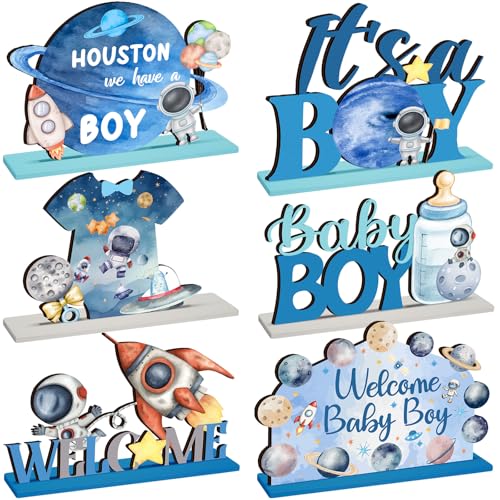 Image of Realspring 6 Pcs Space Baby Shower Wooden Table Decorations for Boy Themed Planet Astronaut Space Party Centerpieces Sign Home Decoration for It's a Boy Baby Shower Birthday Party Supplies