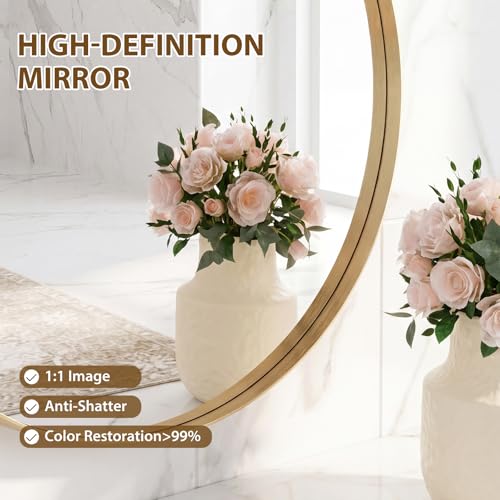 Image of NEWBULIG 24-Inch Round Wall Mirror, Bathroom Wall Circle Mirror with Metal Frame, Bathroom Decor for Entryway, Living Room, Vanity, Gold