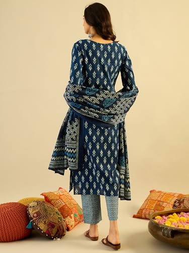 Image of INDO ERA Women's Pure Cotton Printed Kurta Pant with Dupatta Set