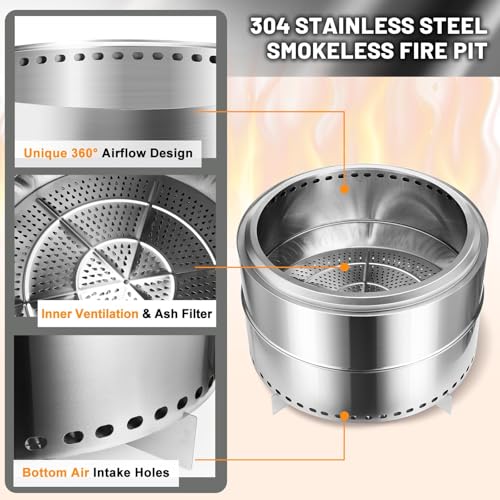 Smokeless Firepit, 27 Inch Stainless Steel Outdoor Portable Fire Pit with Removable Ash Pan and Carry Bag, Wood Burning Firepits for Outside with Stand, Ideal for 6 or More People, Silver