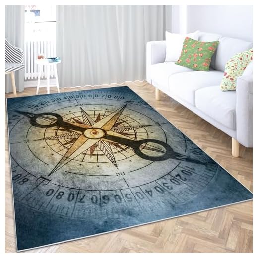 Tapete de flanela lavável à máquina para sala de jantar, sala de estar, escritório, tapete oblongo antiderrapante, 10 x 15 cm, design de ponteiro de bússola criativo, macio, não derrama, resistente a