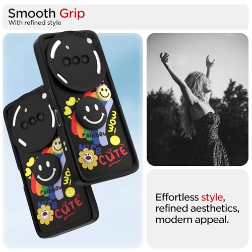 Image of Pikkme Back Cover for Nothing Phone 3a 5G | Soft Silicone| Cute Rainbow Smile & 3D Cartoon Flower Design | Shockproof Raised Camera Protection Bumper Case (Black)