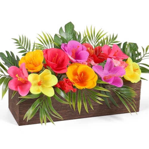 Dlerom Hawaiian Table Centerpieces Artificial Hibiscus Flowers Arrangements Wooden Crate Wooden Planter with Tropical Palm Leaves for Summer Beach Tiered Tray Shelf Table Home Aloha Luau Party Decor