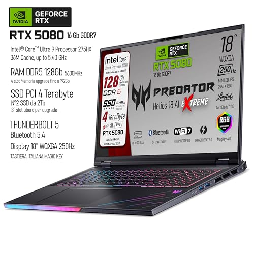 Predator Helios 18 AI Portatile Gaming, Intel Ultra 9-275X, RAM 128 Gb DDR5 SSD 4 TB (2x2TB), Display 18" WQXGA 250Hz MINILED, GeForce RTX 5080 16Gb GDDR7, WI-FI 7, Win 11, Ready to use - Notebook - Immagine 2